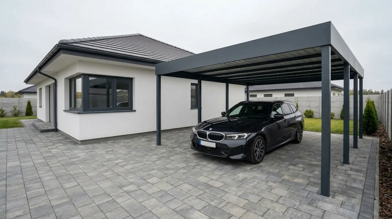 Carport aluminiowy 6x3 m z BMW na podjeździe