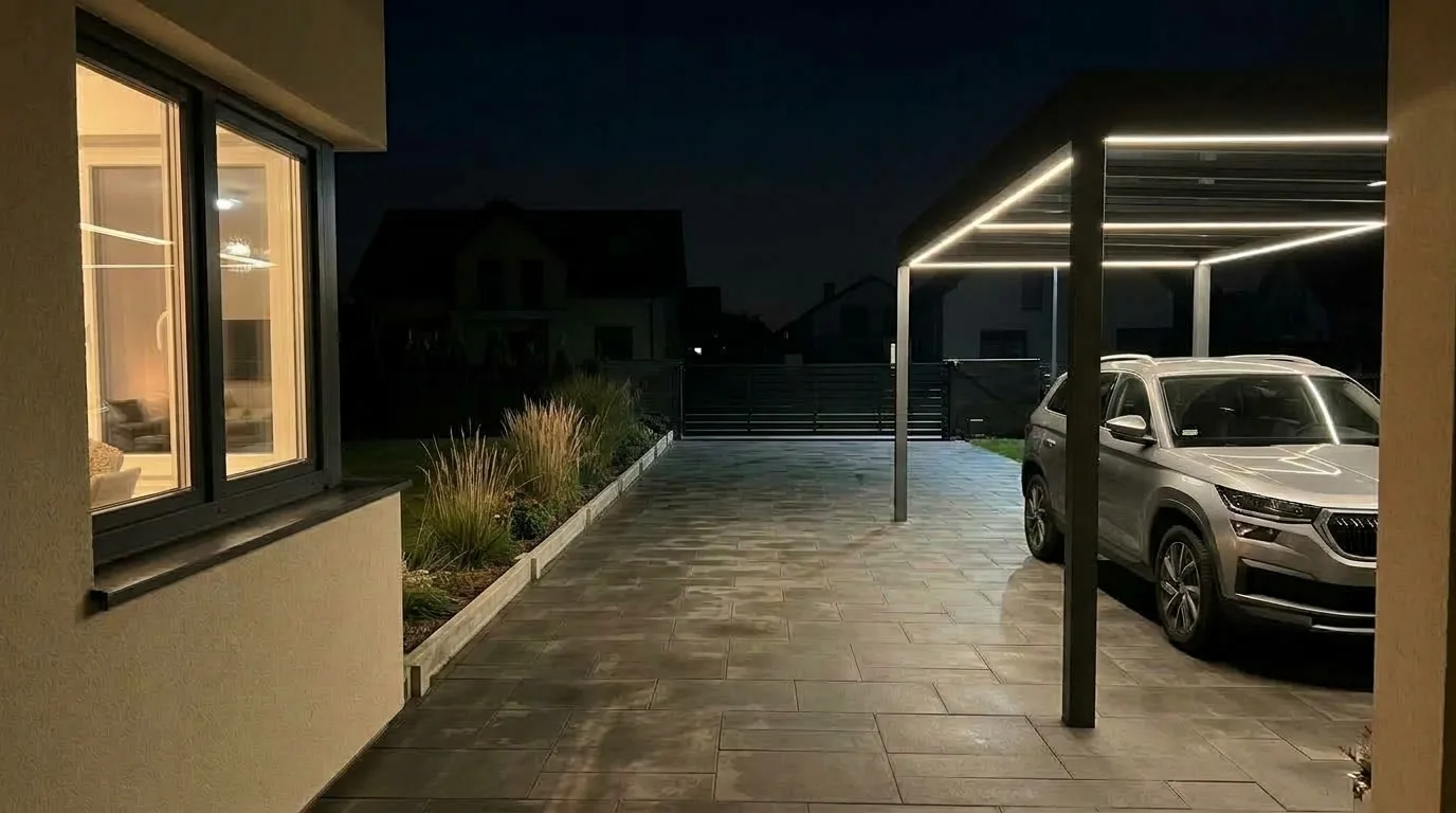 Carport aluminiowy 6x3 m nocą z oświetleniem LED