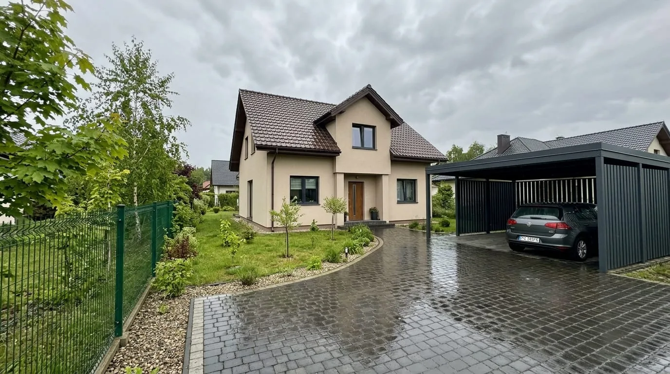 Carport aluminiowy przy domu chroniący auto przed deszczem