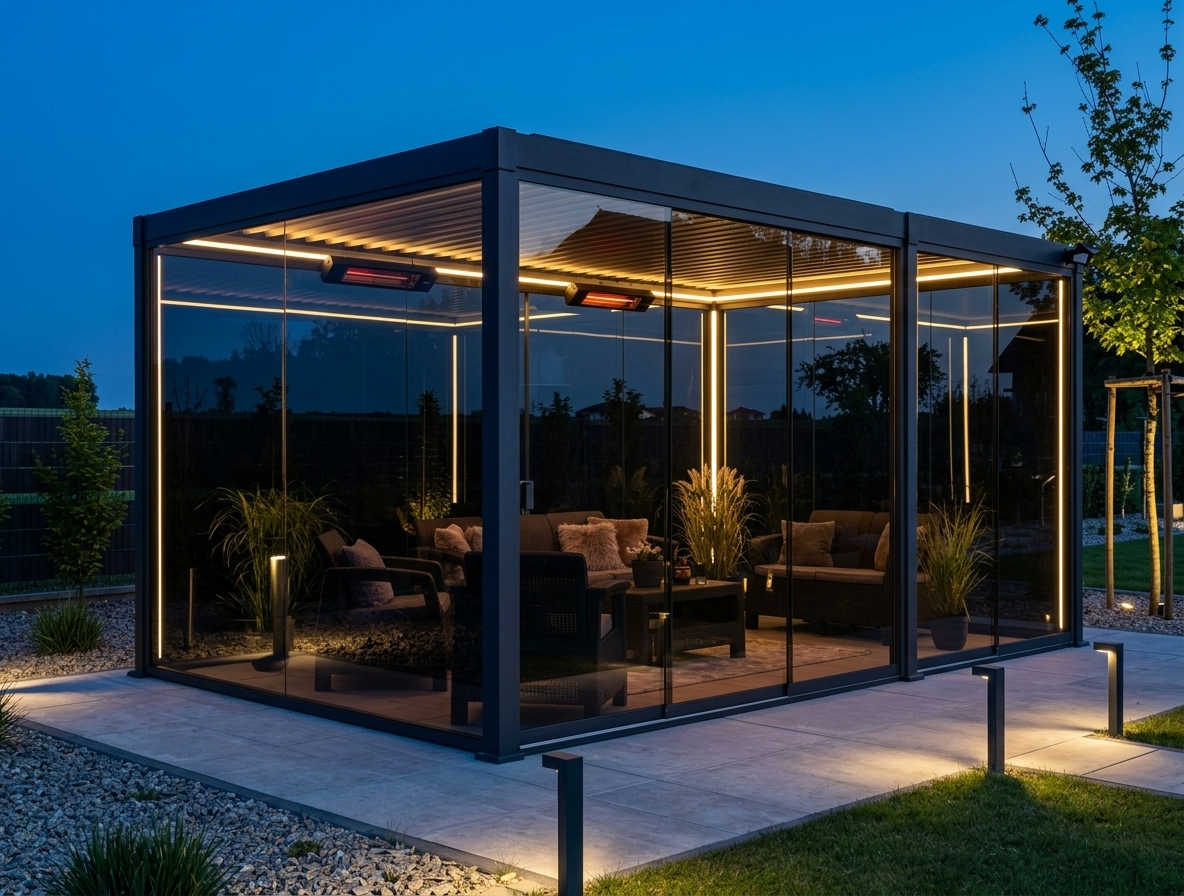 Pergola Perglasso nocą z oświetleniem LED
